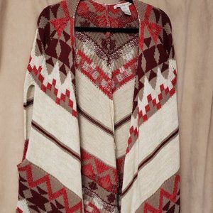 Tan/Red Open Front Poncho Sweater